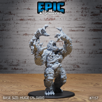 Huge corpse golem miniature with arms raised overhead and mouth wide open in a roar, body covered in pitted, puckered flesh texture with hollow cavities throughout, clawed hands splayed, on a large oval base. Sculpt by Epic Miniatures.