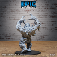 Corpse golem miniature viewed from behind, arms thrust upward with clawed fingers spread wide, the back and shoulders showing layers of fused, decayed flesh with deep cavities and uneven surface texture throughout. Sculpt by Epic Miniatures.