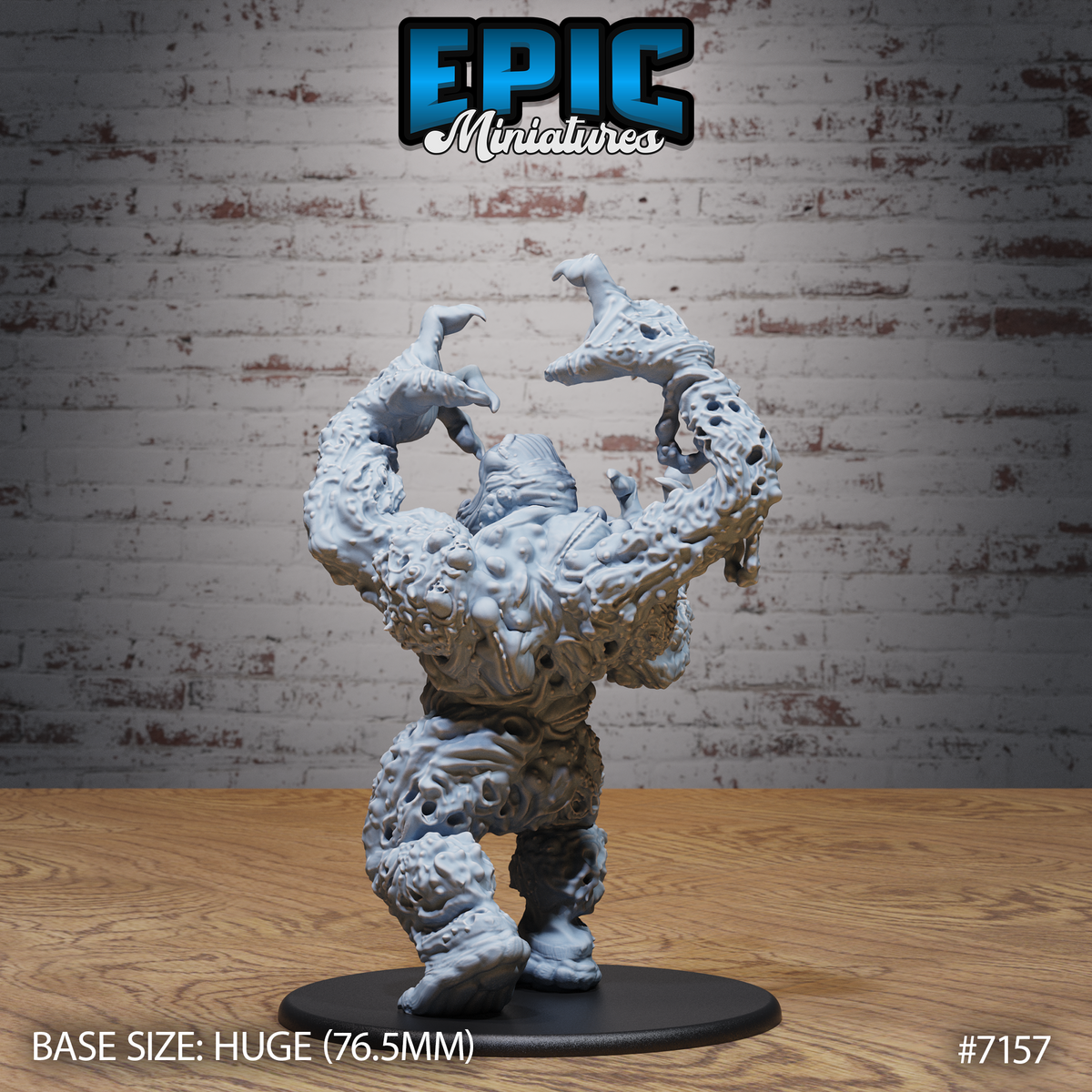 Corpse golem miniature viewed from behind, arms thrust upward with clawed fingers spread wide, the back and shoulders showing layers of fused, decayed flesh with deep cavities and uneven surface texture throughout. Sculpt by Epic Miniatures.