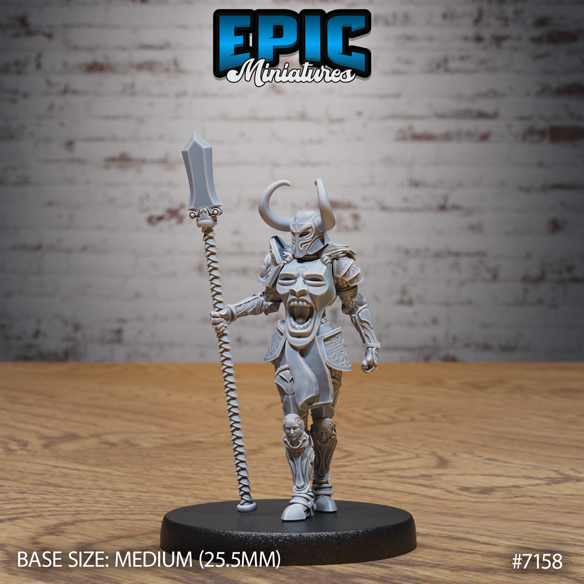 Armoured female undead knight striding forward, raising a long twisted vertebral staff with a crystal blade tip, chest plate bearing a screaming face motif, horned helmet, Epic Miniatures sculpt.