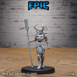 Armoured female undead knight striding forward, raising a long twisted vertebral staff with a crystal blade tip, chest plate bearing a screaming face motif, horned helmet, Epic Miniatures sculpt.