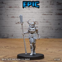 Armoured female undead knight striding forward, raising a long twisted vertebral staff with a crystal blade tip, chest plate bearing a screaming face motif, horned helmet, Epic Miniatures sculpt.