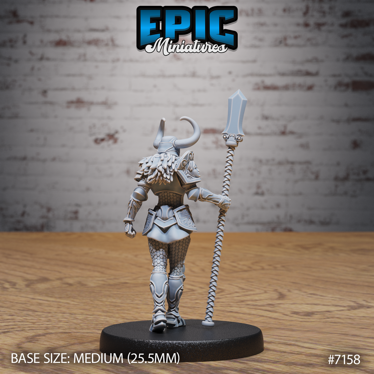 Armoured female undead knight seen from behind, thick fur-lined cloak over engraved pauldrons, scaled leg armour, holding a coiled vertebral staff at her side, horned helmet, Epic Miniatures sculpt.