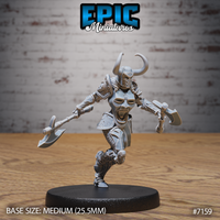 Banshee Knight Lady Run miniature by Epic Miniatures — armoured undead warrior in a running pose, knee raised, wielding a poleaxe and hand axe, wearing a horned helm and a breastplate bearing a howling skull mask, scale-armoured lower body, on a plain round base.