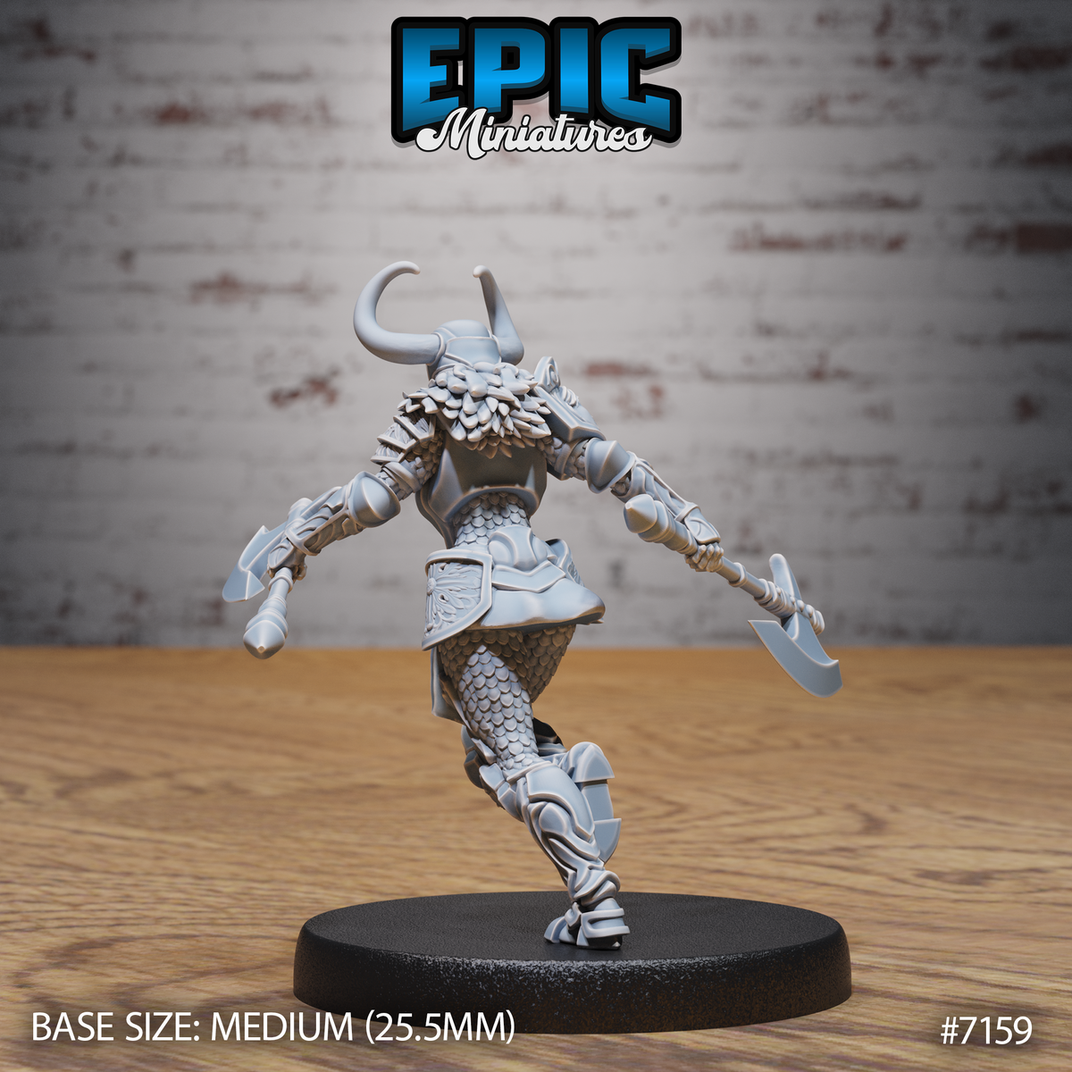 Banshee Knight Lady Run miniature by Epic Miniatures — rear view showing horned helm, layered scale armour across the back and legs, outstretched arms gripping a poleaxe and hand axe, detailed pauldrons and engraved plating visible across the torso and limbs.
