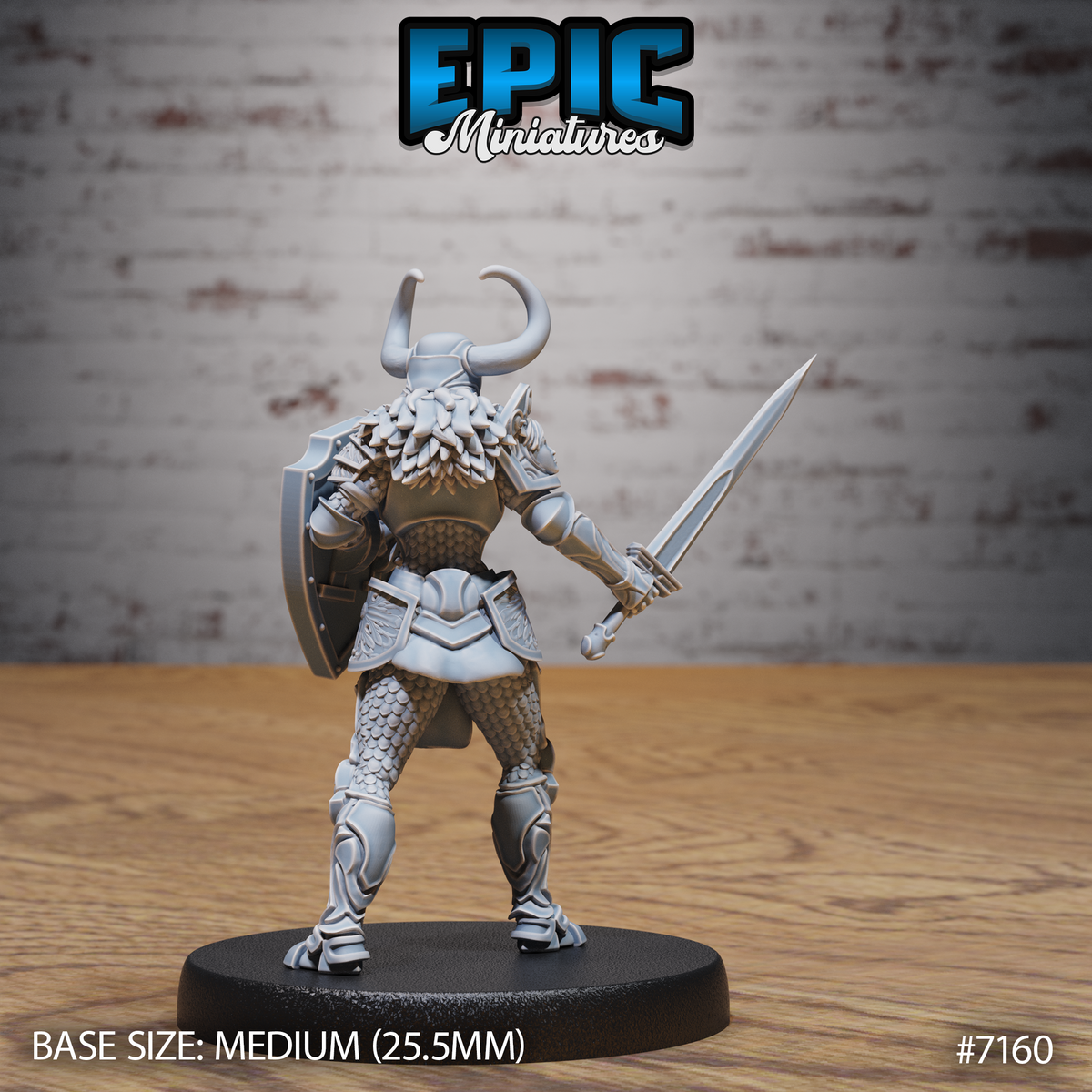 Armoured female knight turned away, revealing scale-textured back armour, layered waist plate, engraved greaves, and a small kite shield on her left arm. Longsword raised in her right hand. Sculpt by Epic Miniatures.