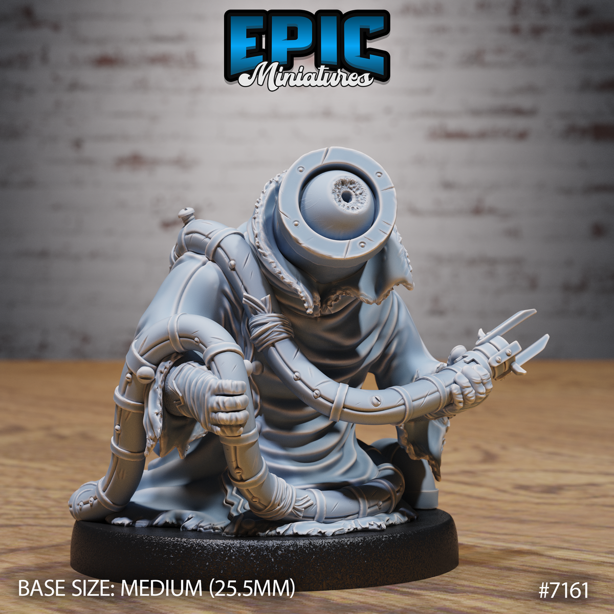 Crouching robed figure with a single large eye in a ridged orbital ring, segmented riveted arm armour, and a three-bladed claw gauntlet raised in one hand. Sculpt by Epic Miniatures.