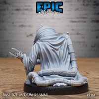Robed crouching figure seen from behind, revealing smooth flowing cloth folds over segmented riveted leg and arm armour, bladed claw gauntlet visible at the side. Sculpt by Epic Miniatures.