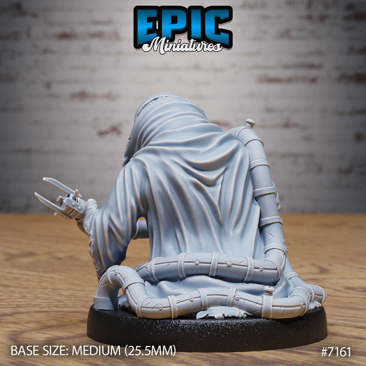 Robed crouching figure seen from behind, revealing smooth flowing cloth folds over segmented riveted leg and arm armour, bladed claw gauntlet visible at the side. Sculpt by Epic Miniatures.
