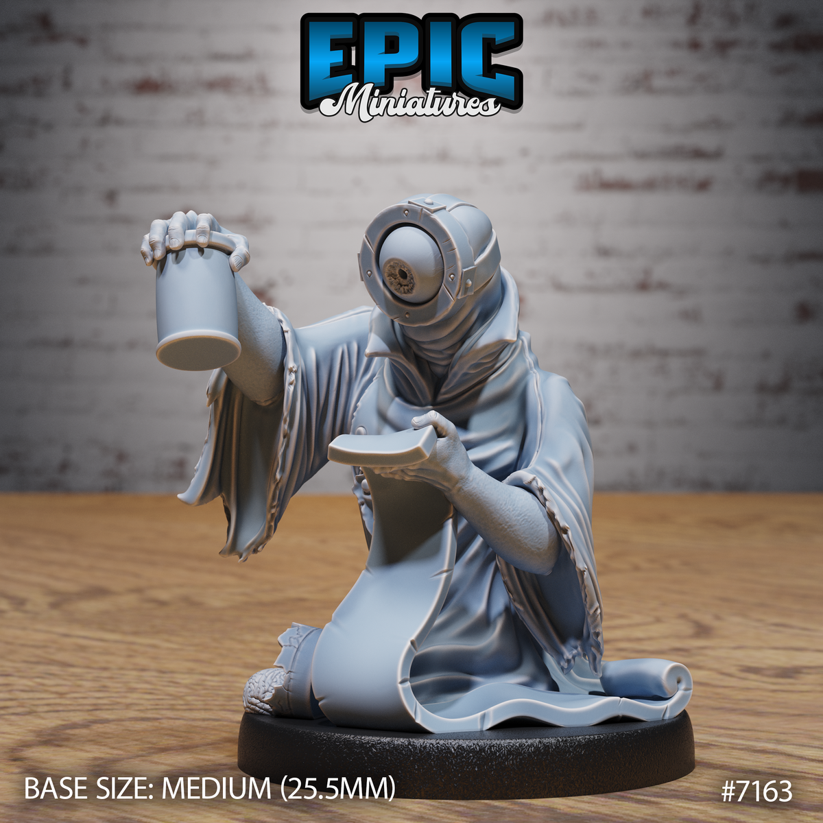 Robed single-eyed aberration seated cross-legged, raising a ceramic jar in one clawed hand and holding a shallow dish in the other, with a large mechanical eye ring for a head. Sculpt by Epic Miniatures.