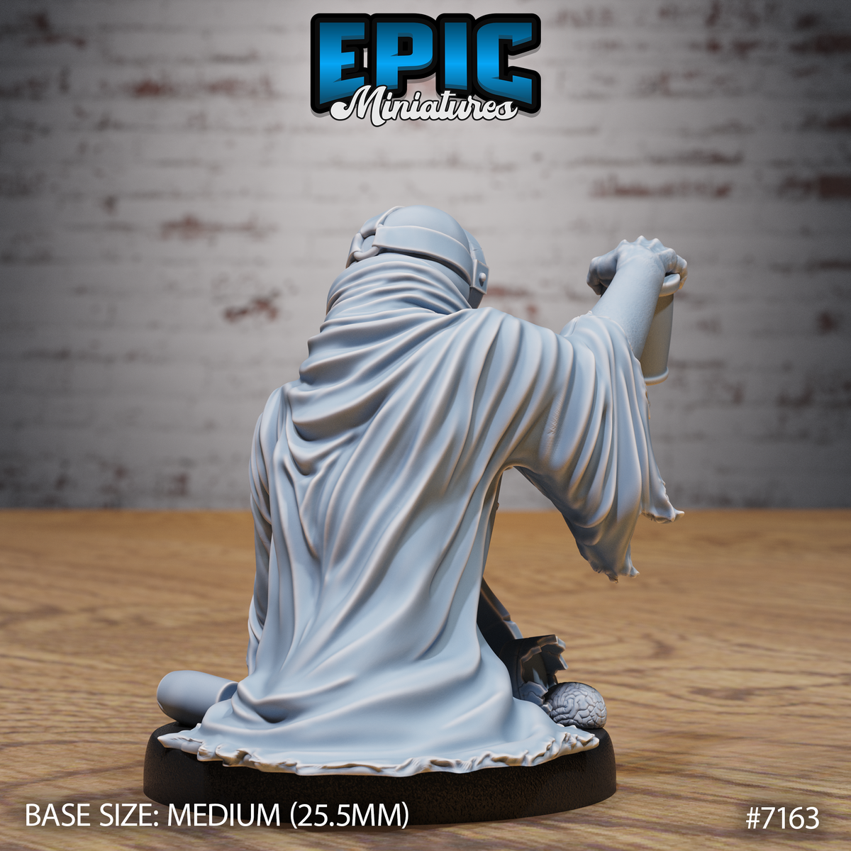 Robed aberration figure seen from behind, seated cross-legged, one clawed arm raised holding a jar, a brain-like protrusion visible beneath the flowing cloak hem. Sculpt by Epic Miniatures.
