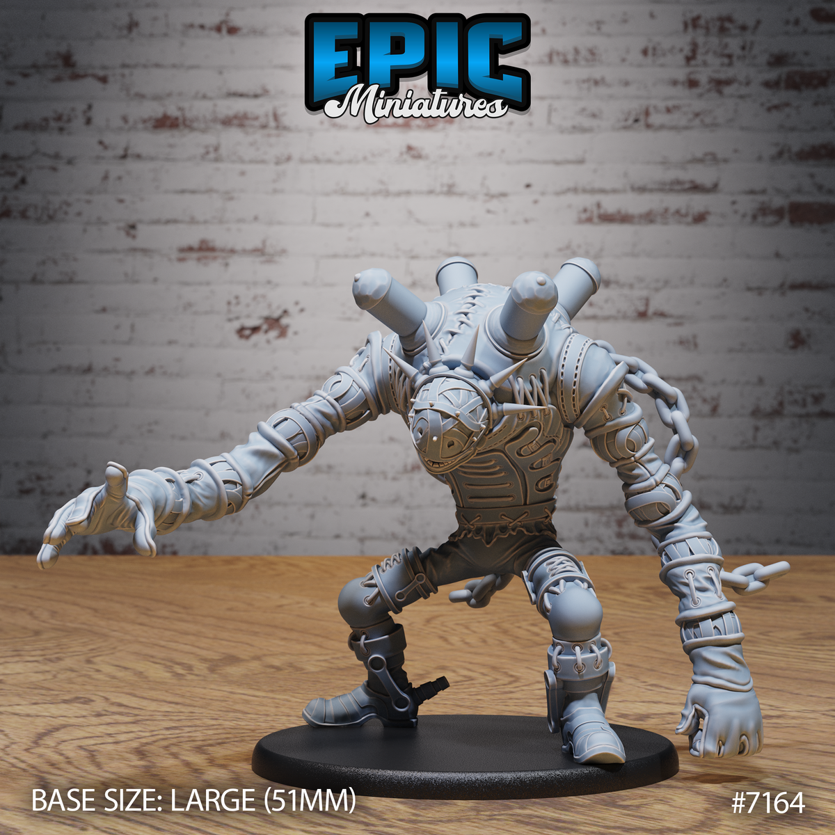 Headless chain-wrapped construct leaning forward with one arm outstretched, clawed fingers splayed. Stitched torso, segmented shoulder armour, stubby neck protrusions. Epic Miniatures sculpt on a large round base.