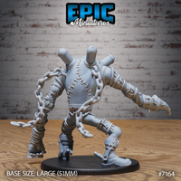 Headless construct in wide-legged stance, heavy chains draped across chest and wound around both arms. Segmented armour plates on legs and shoulders, crude stitching lines across the torso. Epic Miniatures sculpt on a large round base.
