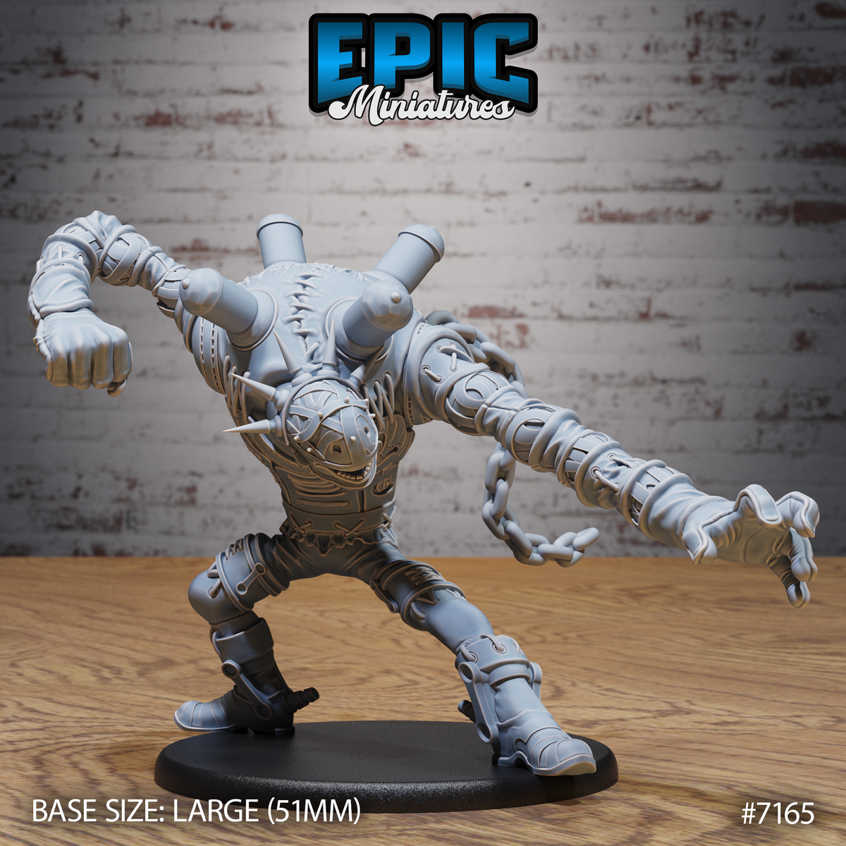Headless chain-wrapped construct lunging forward with one claw-tipped arm outstretched and one fist raised, riveted patchwork torso stitched along the chest, heavy chains looping its limbs, by Epic Miniatures.
