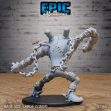 Rear view of the same headless construct in a wide braced stance, showing two blunt pipe protrusions where the head should be, a stitched central seam running the full back, and chain-wrapped arms reaching outward, by Epic Miniatures.