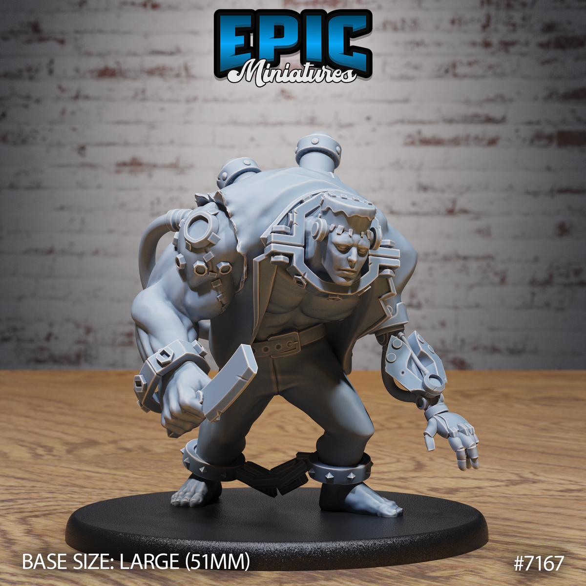 Massive hunched humanoid with mechanical arms, bolted chest plates, gear fittings, and a pressure canister on its back, leaning forward aggressively with spiked ankle shackles. Sculpt by Epic Miniatures.