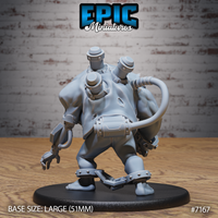 Broad-backed hulking figure with multiple shoulder-mounted pressure canisters, a looping pipe across its torso, articulated mechanical hand, and spiked ankle cuffs, posed in a wide-legged stance. Sculpt by Epic Miniatures.