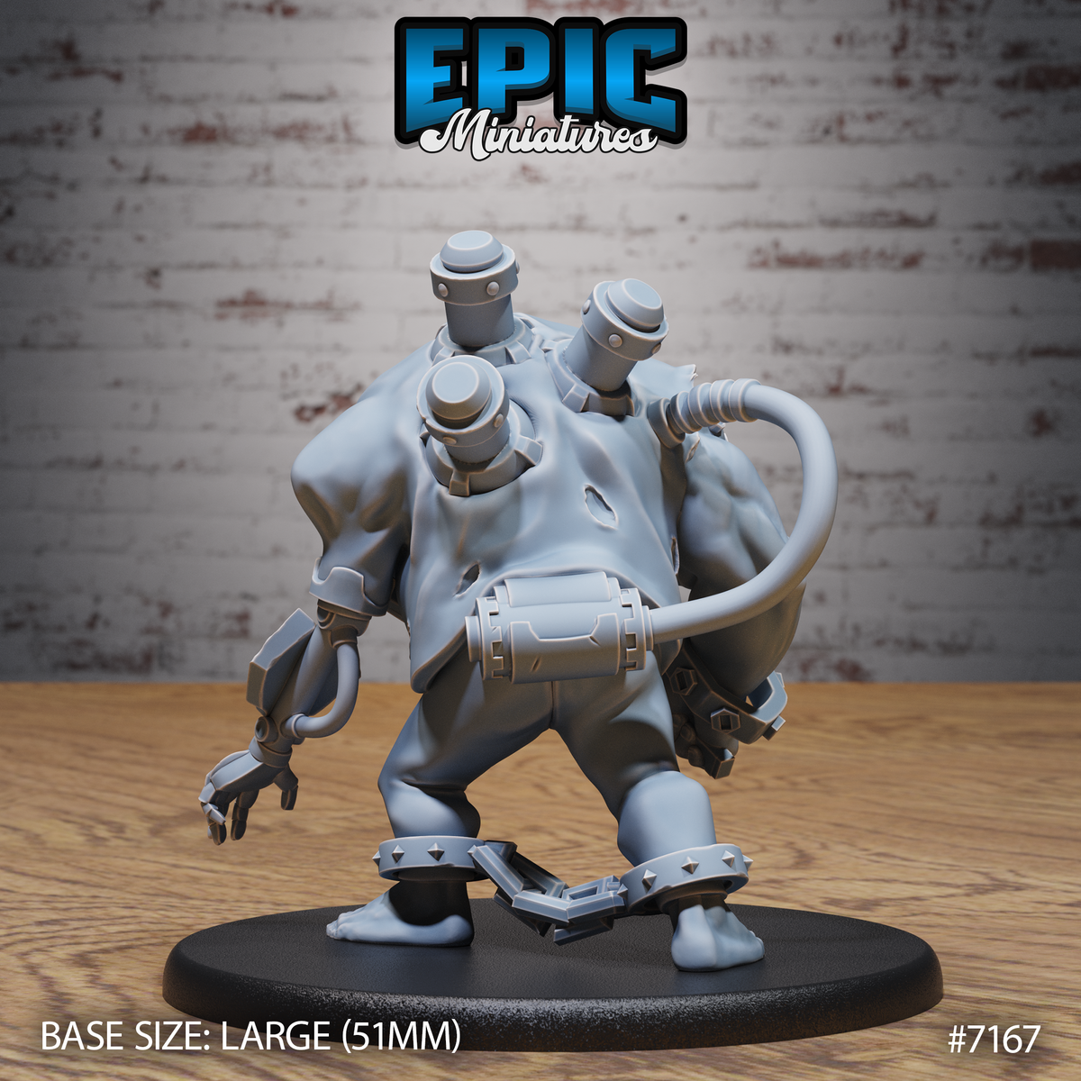 Broad-backed hulking figure with multiple shoulder-mounted pressure canisters, a looping pipe across its torso, articulated mechanical hand, and spiked ankle cuffs, posed in a wide-legged stance. Sculpt by Epic Miniatures.