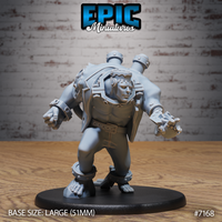 Massive heavily muscled humanoid with a bolted iron collar, riveted chest plate, mechanical wrist bracers, cylindrical exhaust ports on his back, and studded ankle restraints, standing wide-legged with fists raised. Sculpt by Epic Miniatures.