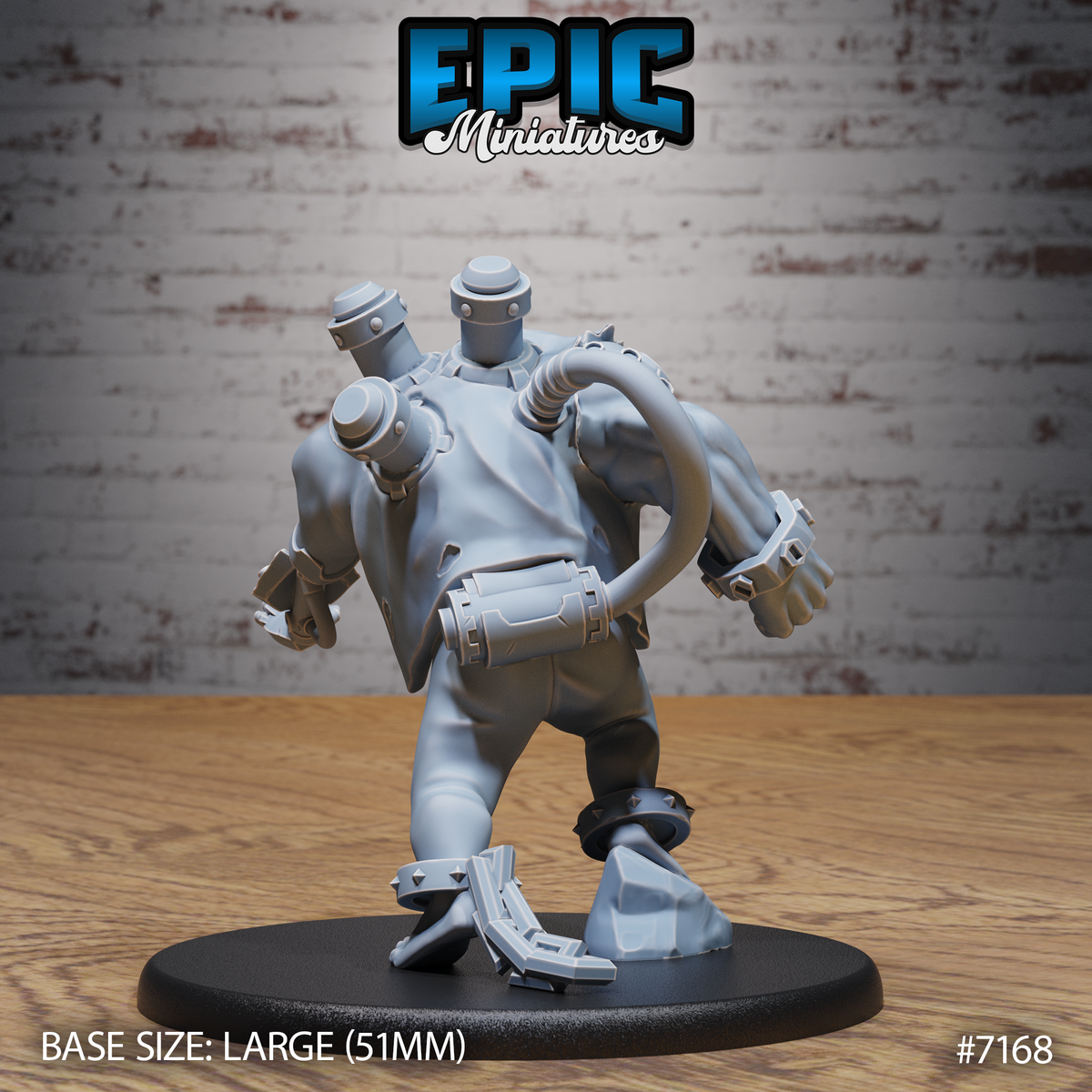 Same broad-shouldered augmented humanoid seen from behind, showing large cylindrical exhaust ports and mechanical tubing across the back, heavy ankle restraints, and a raised clenched fist. Sculpt by Epic Miniatures.