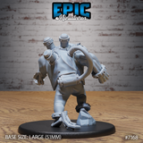 Same broad-shouldered augmented humanoid seen from behind, showing large cylindrical exhaust ports and mechanical tubing across the back, heavy ankle restraints, and a raised clenched fist. Sculpt by Epic Miniatures.