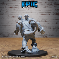 Same broad-shouldered augmented humanoid seen from behind, showing large cylindrical exhaust ports and mechanical tubing across the back, heavy ankle restraints, and a raised clenched fist. Sculpt by Epic Miniatures.