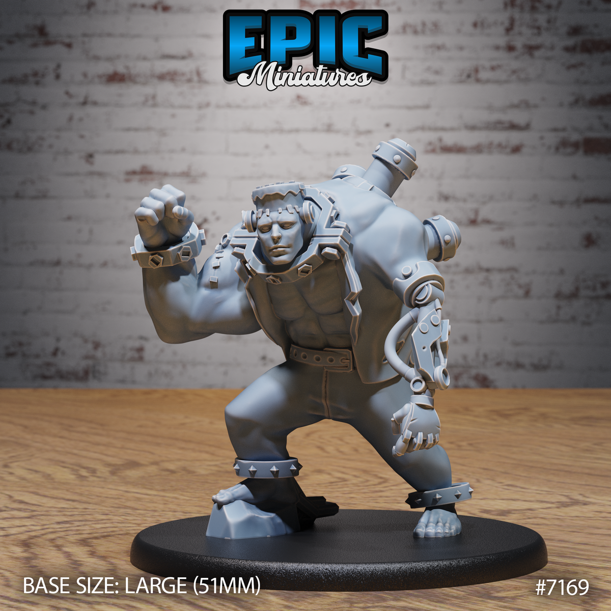 Massive stitched humanoid in a fighting crouch, one fleshy fist raised, the other arm replaced by a bolted mechanical prosthetic with a claw hand; studded ankle shackles and a heavy collar with bolts. Sculpt by Epic Miniatures.