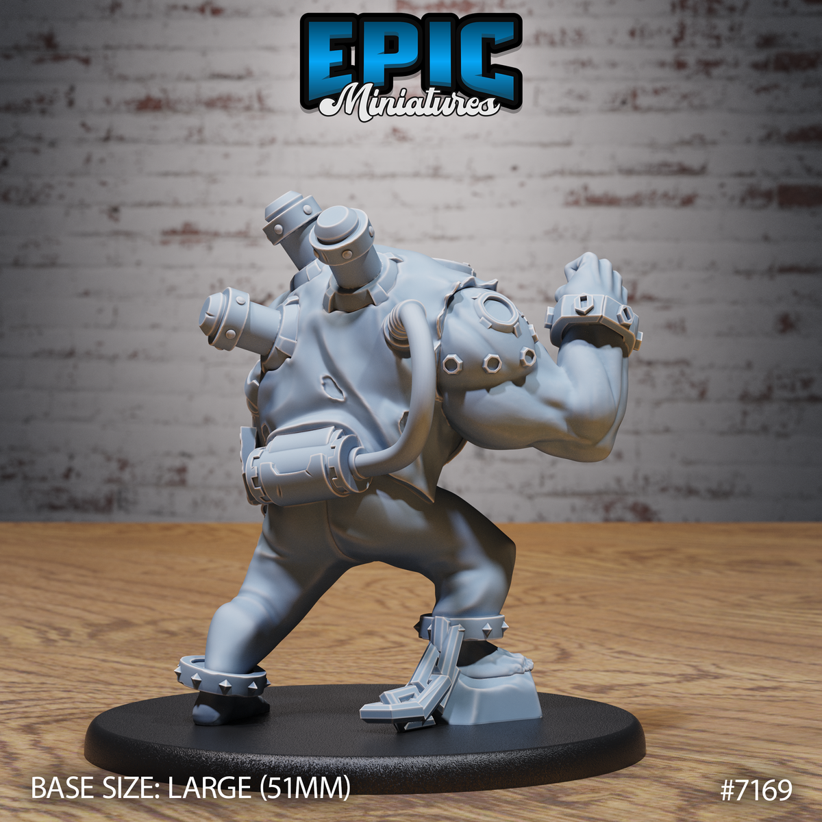 Broad-shouldered stitched humanoid crouching low, back and mechanical arm visible showing segmented pistons, riveted joints, and a claw hand; studded ankle shackles and a wide restraining harness across the torso. Sculpt by Epic Miniatures.