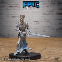 Skeletal crowned lich striding forward, holding a broad decorated greatsword low at its side, wearing tattered robes over armoured greaves with spiked pauldrons and heavy chains across the chest. Sculpt by Epic Miniatures.
