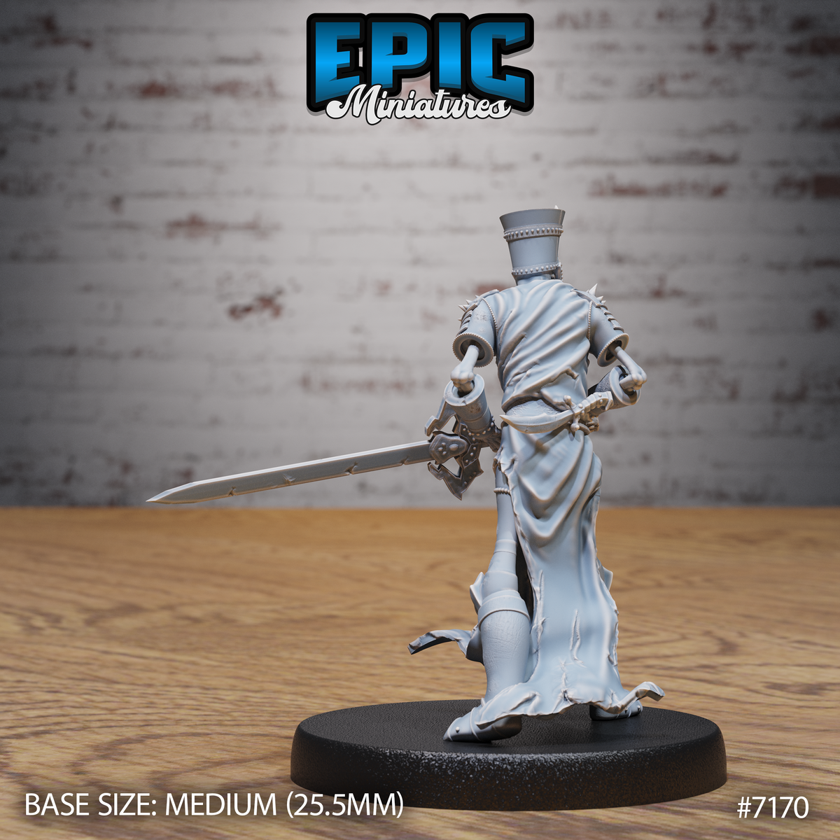 Lich miniature seen from behind, revealing a banded cylindrical crown, spiked pauldrons, flowing robes with torn hems, and a wide decorated greatsword blade extending to one side. Sculpt by Epic Miniatures.