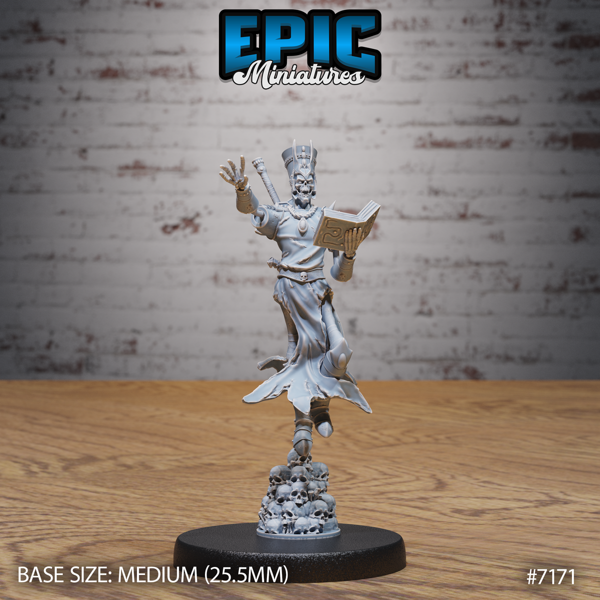 Skeletal lich miniature raising a clawed hand in a spell gesture, holding an open rune-covered tome, wearing a tall ceremonial headdress and tattered robes over armoured greaves, rising from a mound of skulls. Sculpt by Epic Miniatures.