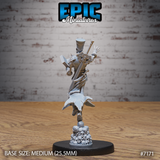 Skeletal lich miniature seen from behind, revealing a broad-bladed sword strapped across its back, an engraved pauldron, and billowing tattered robes trailing over a dense skull-pile base. Sculpt by Epic Miniatures.