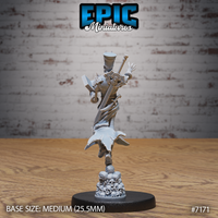 Skeletal lich miniature seen from behind, revealing a broad-bladed sword strapped across its back, an engraved pauldron, and billowing tattered robes trailing over a dense skull-pile base. Sculpt by Epic Miniatures.