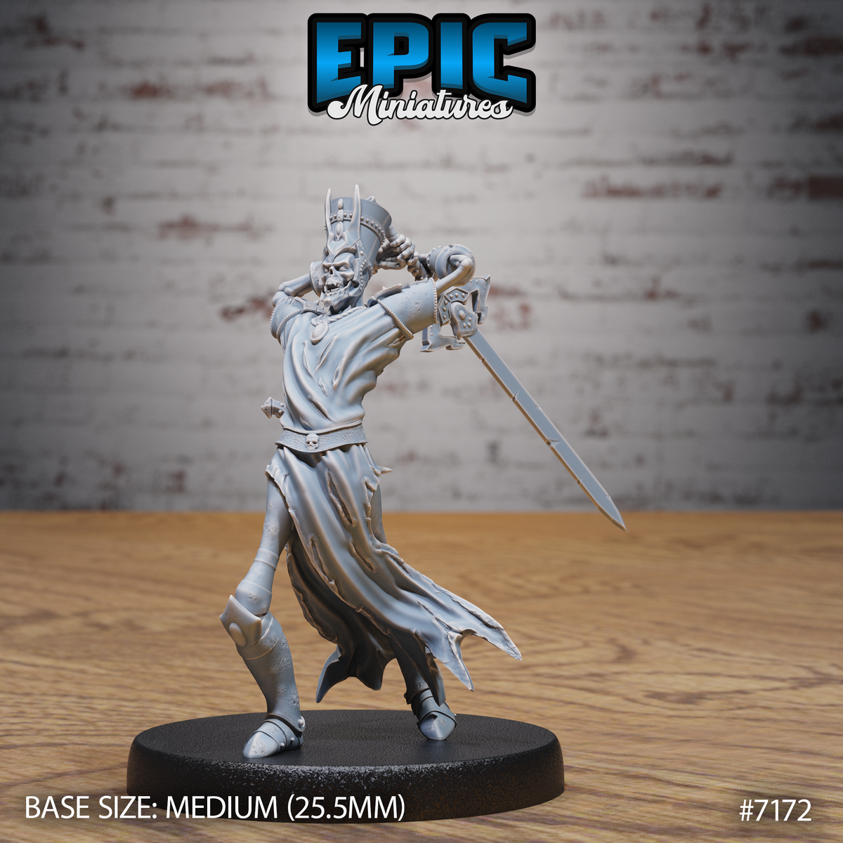 Skeletal lich in tattered robes lunging forward with a longsword, wearing a horned helm and skull-adorned armour buckles, jaw open in a grimace. Sculpt by Epic Miniatures.
