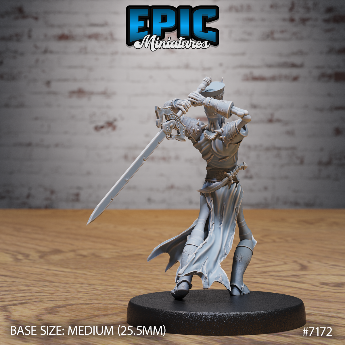 Lich miniature seen from behind and side, two-handed grip raising a longsword overhead, detailed plate armour and shredded burial robes visible. Sculpt by Epic Miniatures.