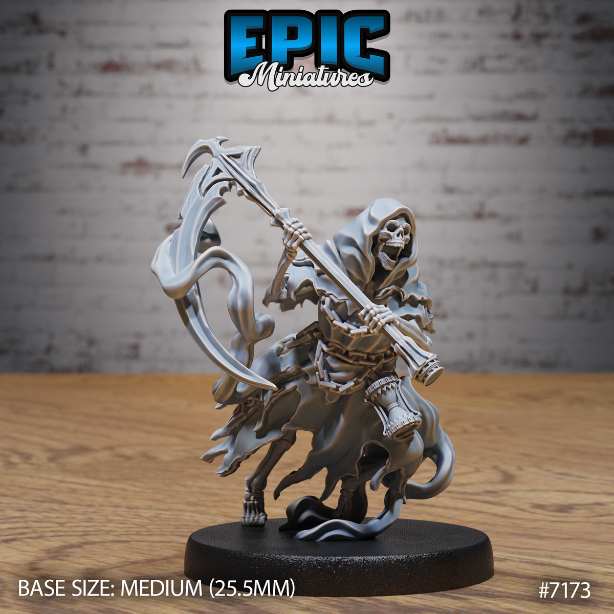 Skeletal grim reaper lunging forward, both hands gripping a large barbed scythe raised to strike, tattered robes billowing outward, jaw wide open in a shriek. Sculpt by Epic Miniatures.