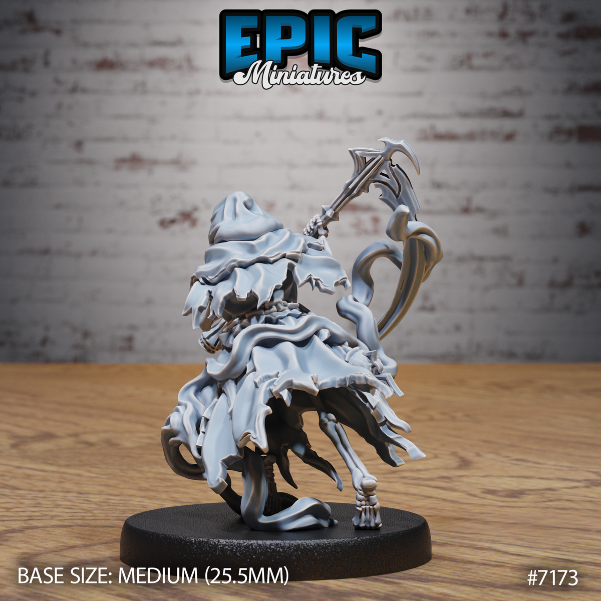 Skeletal grim reaper from behind, deep cowl draped over the skull, scythe angled overhead, shredded robes cascading down to expose bony legs and clawed feet. Sculpt by Epic Miniatures.