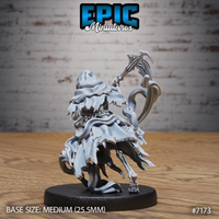 Skeletal grim reaper from behind, deep cowl draped over the skull, scythe angled overhead, shredded robes cascading down to expose bony legs and clawed feet. Sculpt by Epic Miniatures.