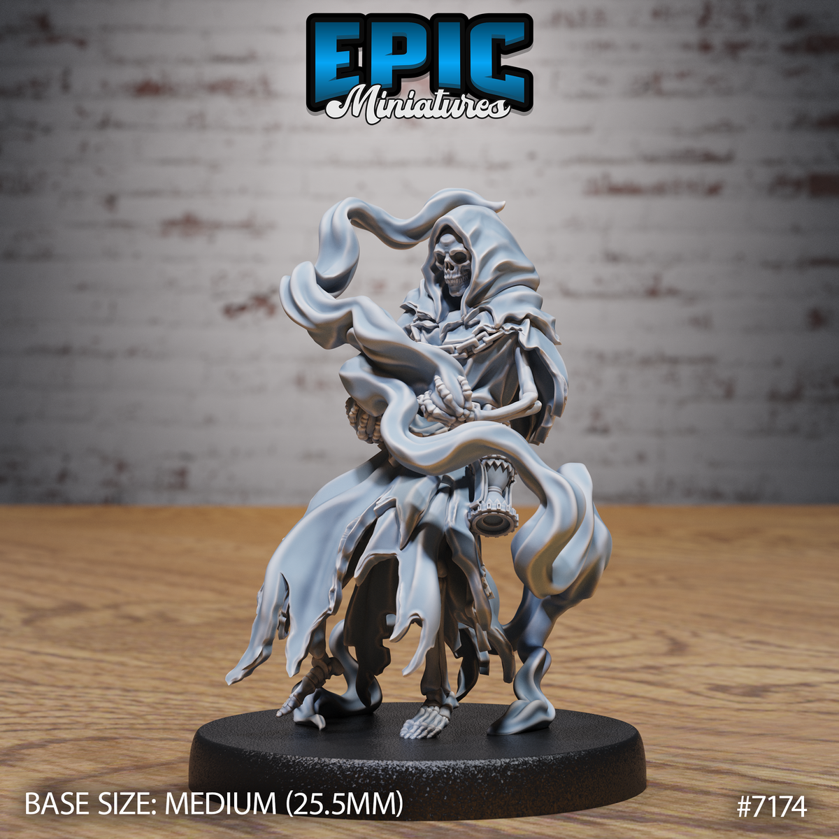 Skeletal grim reaper raising a chained skull lantern, tattered robes billowing dramatically, deep hood revealing a bare skull, bony claws visible. Sculpt by Epic Miniatures.