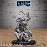 Skeletal grim reaper viewed from behind, hood and robes swept forward, a chain ending in a horned skull descending from its grip, bare skeletal feet visible. Sculpt by Epic Miniatures.