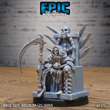 Robed skeletal Grim Reaper seated on a spike-backed stone throne, holding a curved scythe and an hourglass, with a second skeleton perched atop the throne. Sculpt by Epic Miniatures.