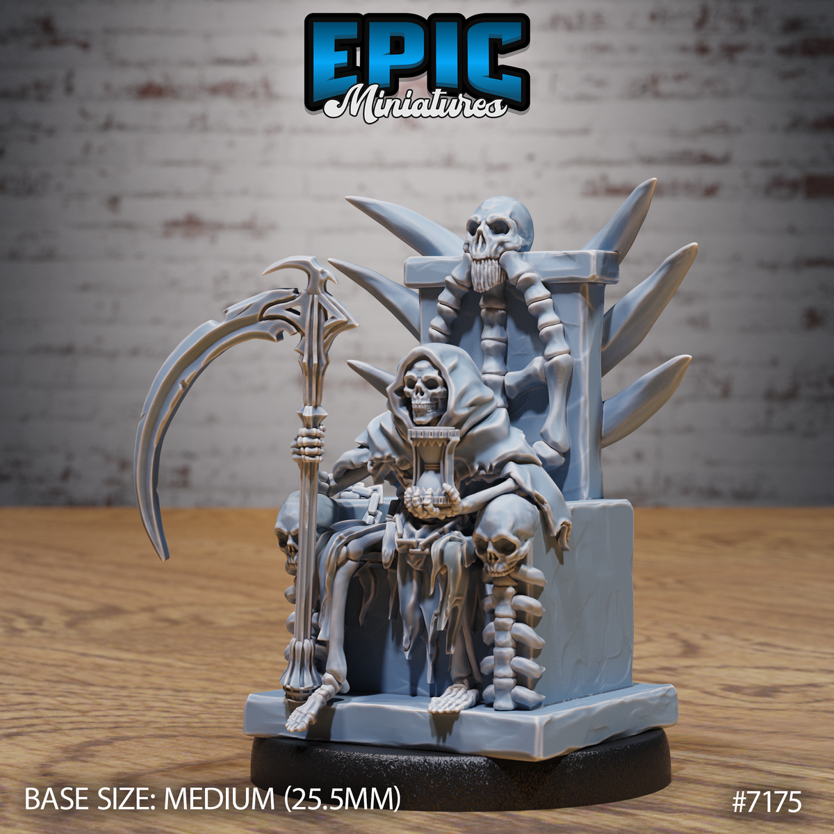 Robed skeletal Grim Reaper seated on a spike-backed stone throne, holding a curved scythe and an hourglass, with a second skeleton perched atop the throne. Sculpt by Epic Miniatures.