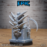 Stone throne covered in blade-like spines and a skull relief carving, with a skeletal figure visible at the side gripping a barbed scythe. Sculpt by Epic Miniatures.