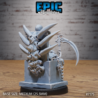 Stone throne covered in blade-like spines and a skull relief carving, with a skeletal figure visible at the side gripping a barbed scythe. Sculpt by Epic Miniatures.