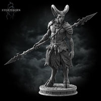 Grey resin digital render of a Satyr Spearman miniature from Stormborn Collectibles — front-facing view showing the figure holding a long double-tipped barbed spear diagonally, wearing leather shoulder armour, a ragged chainmail kilt with bone trophies, and large swept-back horns, mounted on a textured round stone base