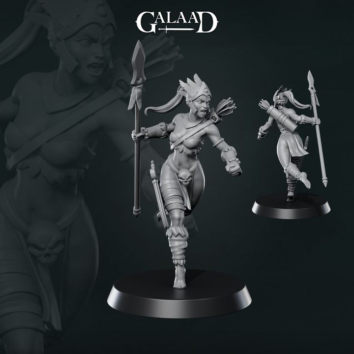 Digital render of an unpainted grey resin Amazon warrior miniature at 32mm scale, shown in a dynamic mid-charge pose with one knee raised. She carries a long spear in her forward hand, wears tribal armour with bracer wrappings, a feathered helmet crest, a skull-adorned shield strapped to her leg, and a back-mounted quiver of arrows. Two angles are shown — a front three-quarter view and a rear three-quarter view — both on round black bases. Galaad Miniatures logo visible in the top corner.