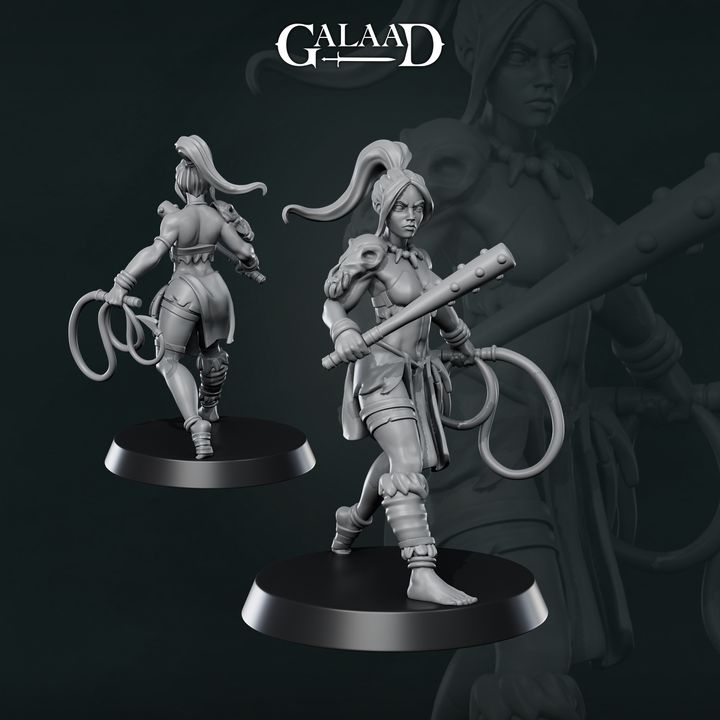 Grey resin unpainted miniature of a female amazon warrior shown from front and back. She wears wrapped leg bindings and feathered headgear, carries a staff held across her body, and holds a coiled whip at her side. She is posed mid-stride on a round black display base. Digital render by Galaad Miniatures, 32mm scale.