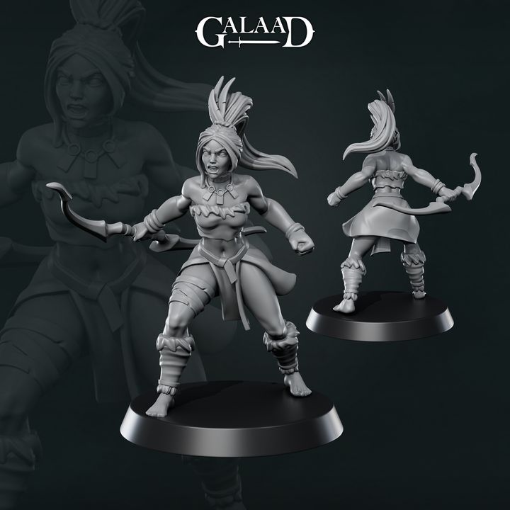 Unpainted grey resin miniature of a female tribal warrior in a wide fighting stance, gripping a short bow in one hand and clenching the other into a fist, wearing a feathered headdress, beaded necklace, fringed battle skirt, and wrapped leg guards — front and rear views shown against a dark background, 32mm scale by Galaad Miniatures