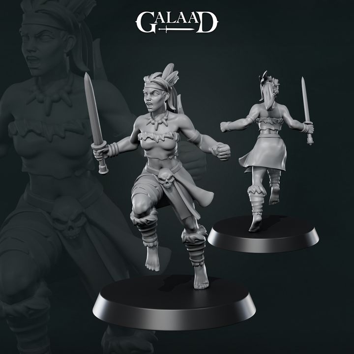 Unpainted grey resin digital render of Amazon Fighter 04 by Galaad Miniatures — a muscular female tribal warrior mid-stride in a lunging pose, holding a short sword, wearing a feathered headdress, minimal chest armour, and skull-decorated knee wrappings, mounted on a round base. A second angle showing the rear three-quarter view is visible in the background.