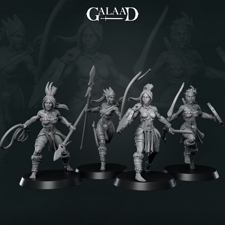 Four unpainted grey resin Amazon warrior miniatures by Galaad Miniatures on round black bases — from left: a warrior with coiled rope and hatchet, a spear-bearer with quiver mid-stride, a sword-and-shield fighter stepping forward, and a dual-blade runner in motion. All wear feathered headwear and tribal wrappings. 32mm scale.